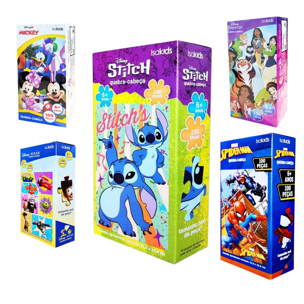 Quebra Cabeça 100 Peças Disney Lilo Stitch, Homem Aranha, Pixar Infantil, Princesas e Mickey Jr, imagem 1 de 1