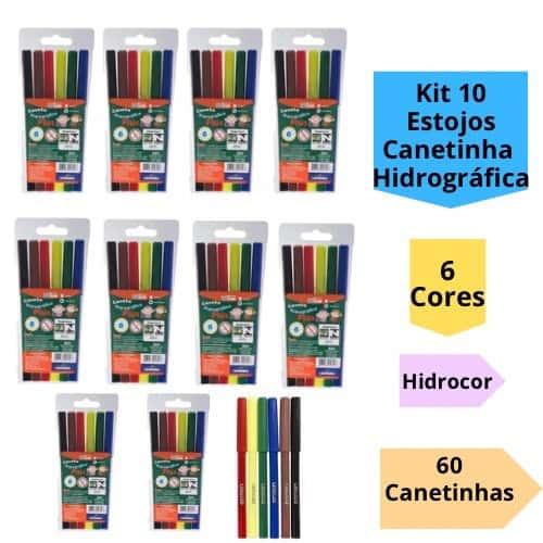 Kit 10 Estojos Canetinha Hidrográfica 6 Cores Hidrocor 60 Canetinhas Infantil Escolar Leo&Leo, imagem 1 de 1