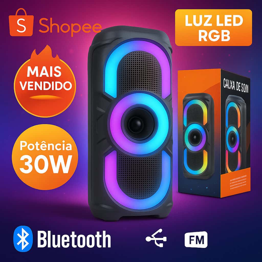 Caixa de Som Karaokê Bluetooth 50W Portátil LED RGB USB TWS Entrada P/ Microfone Estéreo Potente, imagem 1 de 1