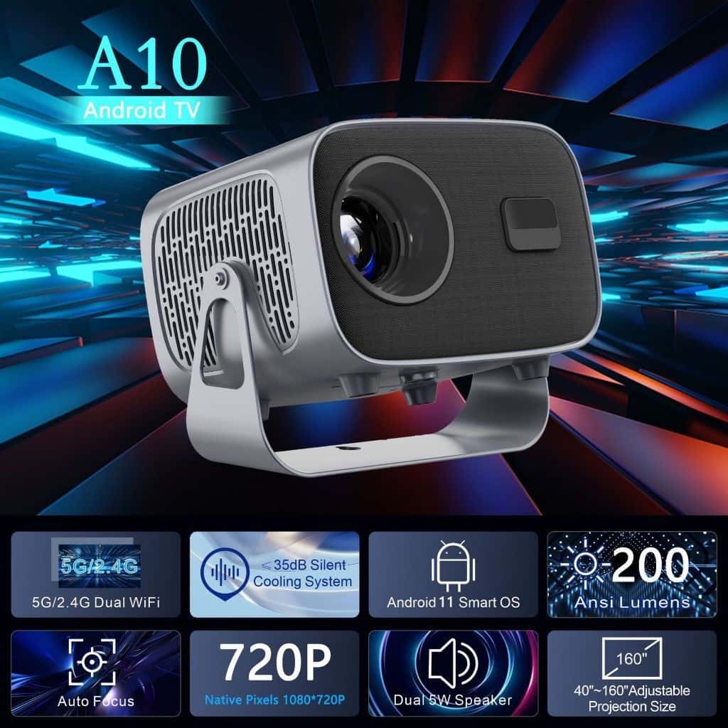 Home Projetor A10 Android TV 4K Dual Band WIFI 6.0 Bluetooth 5.0 Cinema Portátil Escritório Sala, imagem 1 de 1