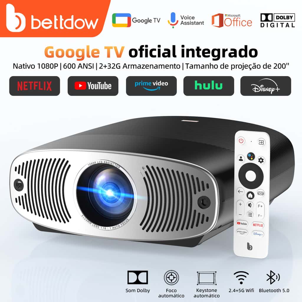 Projetor Bettdow 4K 25000 lúmens Full HD 1080p compatível com Android 9.0 (AOSP) + Google TV, Netflix original, 850 ANSI, imagem 1 de 1