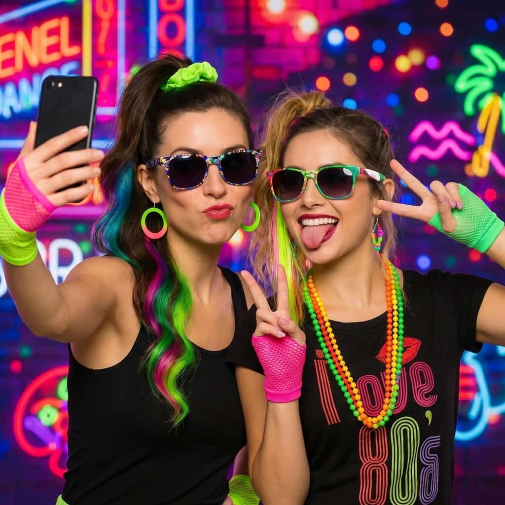 Kit de 5 Peças para Festa Retrô: Peruca,Colar,Luva e Brincos-Acessórios Disco Anos 80 com Temática Neon, imagem 1 de 1