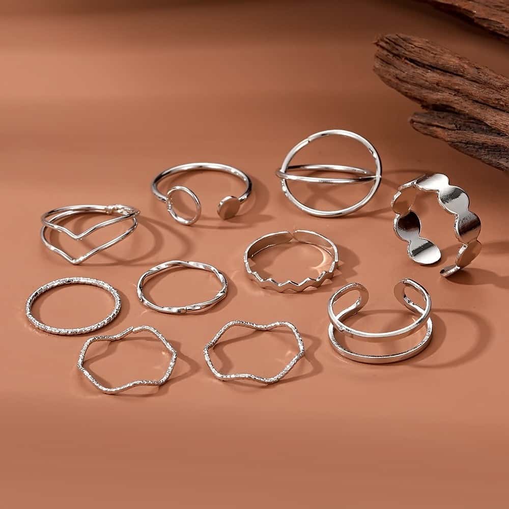 Kit Anéis de Metal Prateado 10 Peças, Design Ondulado e Geométrico, imagem 1 de 1