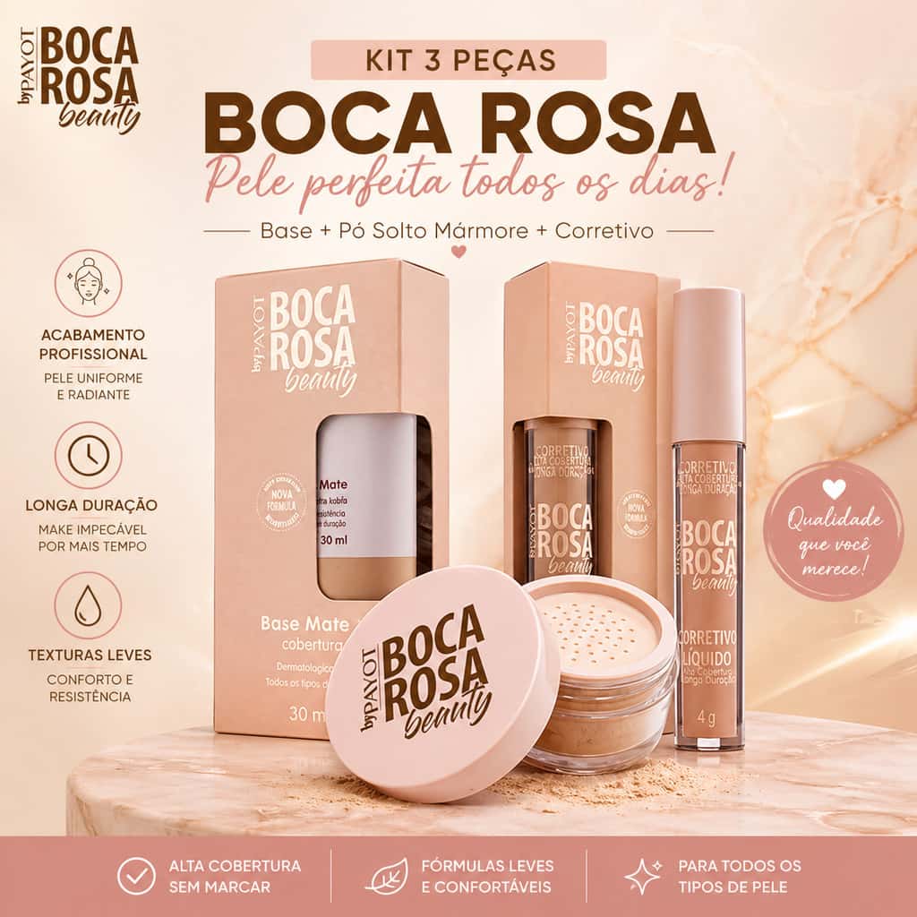 Kit Boca Rosa 3 Peças – Base + Pó Solto Mármore + Corretivo Alta Cobertura, imagem 1 de 1