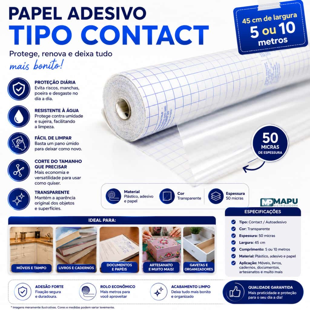 Papel Adesivo Tipo Contact Cristal Transparente 45cm x 5 ou 10 Metros, imagem 1 de 1