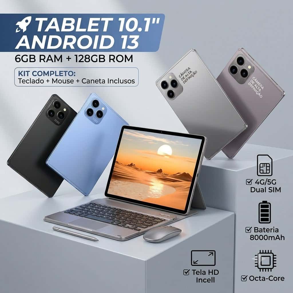 Tablet 10.1" Android 13 6GB+128GB 4G/5G Dual Chip Teclado Mouse Caneta Touch, imagem 1 de 1