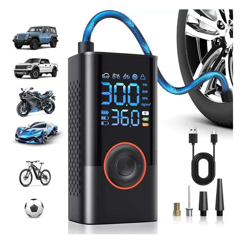 Bomba de Ar Portátil para Carro Sem Fio 4 em 1 Mini Compressor 4000mAh + LED +Calibrador Automático, imagem 1 de 1