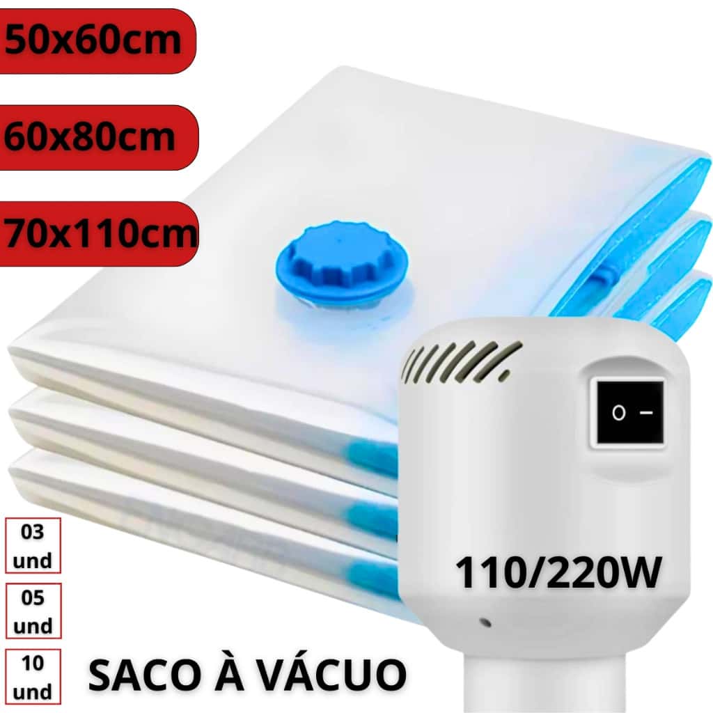 Kit com 10 Sacos a Vácuo e Bomba Elétrica 110v 220v Organização de Roupas Guarda-Roupas Mala Viagem, imagem 1 de 1