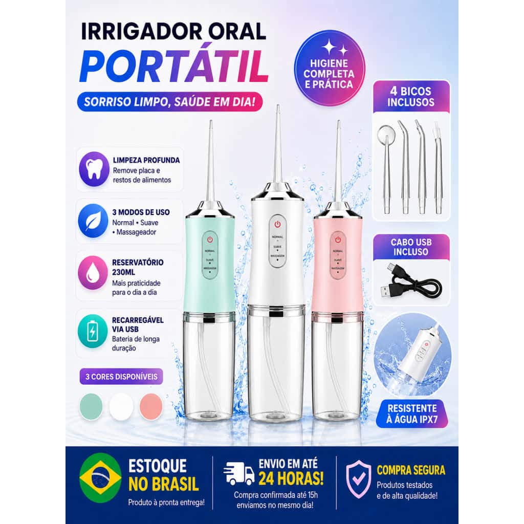 Irrigador Oral Portátil Recarregável USB Remove Resíduos e Sujeiras com Suavidade Ideal para Casa e Viagem, imagem 1 de 1