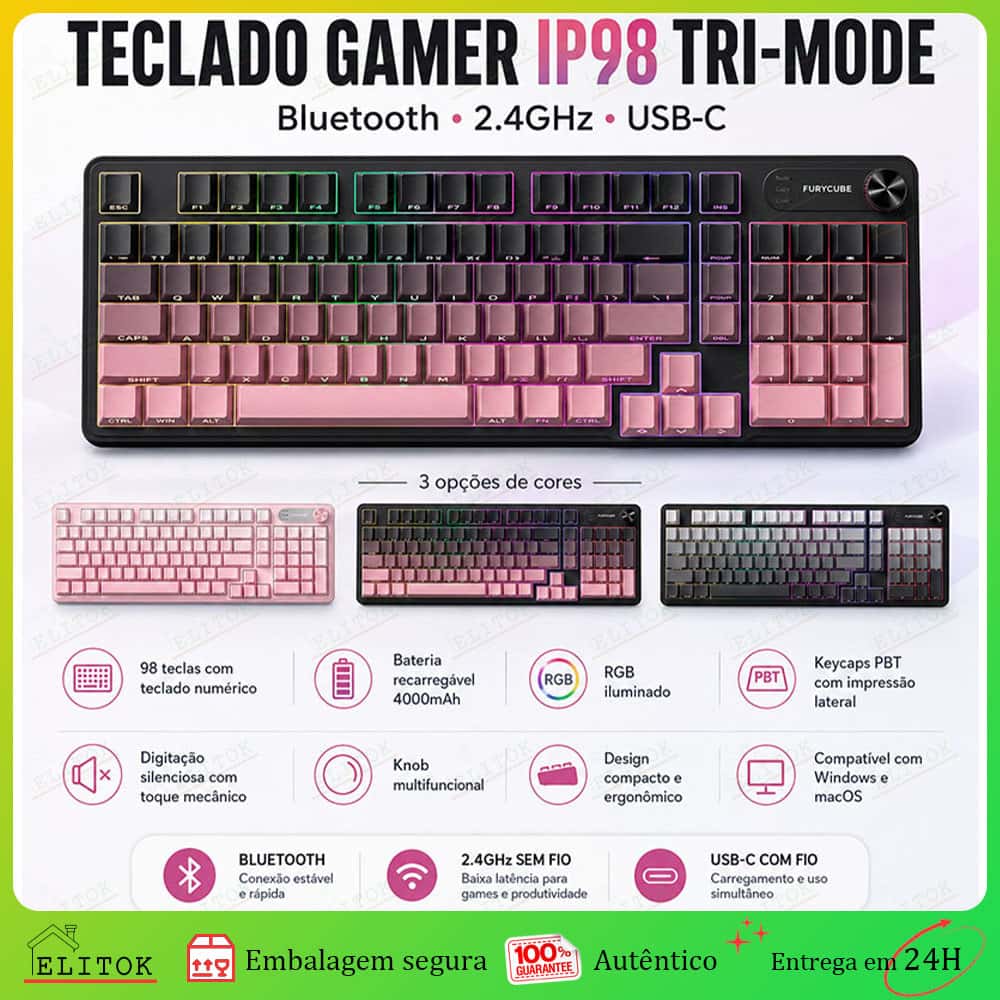 Teclado Gamer Sem Fio 3 Modos – Bluetooth + 2.4GHz + USB-C Com Sensação Mecânica, Design Elegante E Retroiluminado, imagem 1 de 1