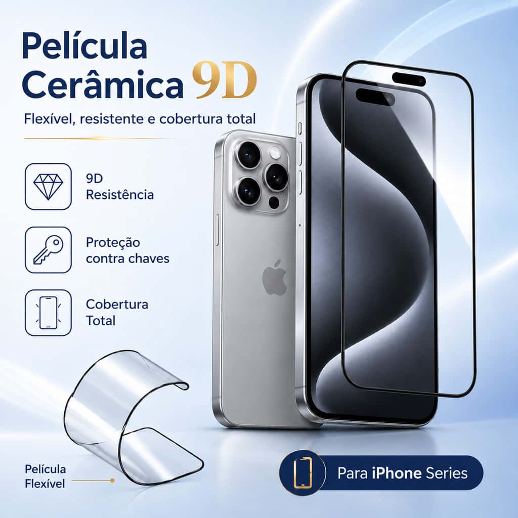 Película Cerâmica 9D Flexível com Borda Preta para iPhone 18 11 12 13 14 15 16 17 Pro Pro Max Plus Air, imagem 1 de 1