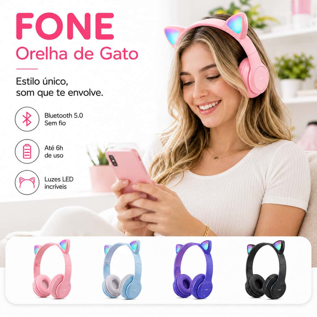 Fone De Ouvido Bluetooth Sem Fio Orelha De Gato LED Gamer Dobrável Som HD Microfone PC, imagem 1 de 1