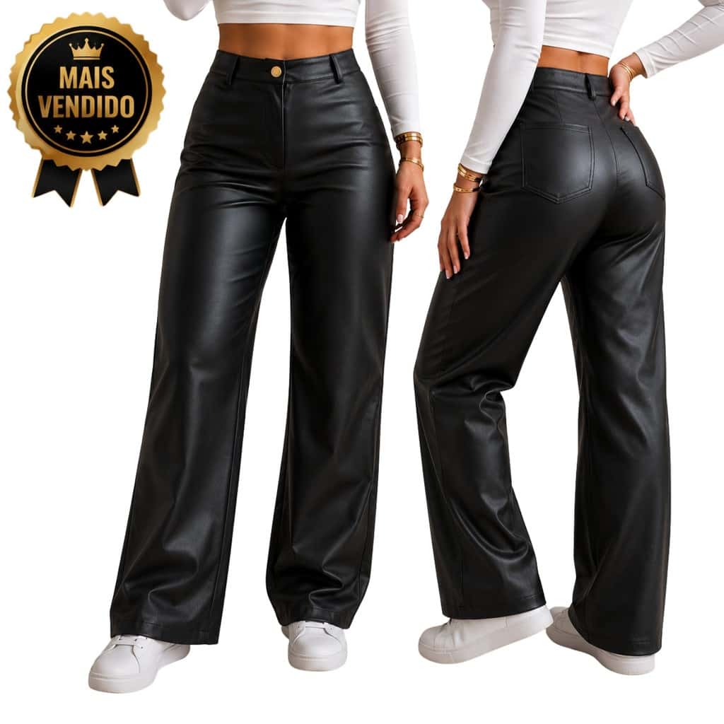 Calça Feminina Wide Leg Pantalona Cintura Alta Preta Couro Ecológico Premium, imagem 1 de 1