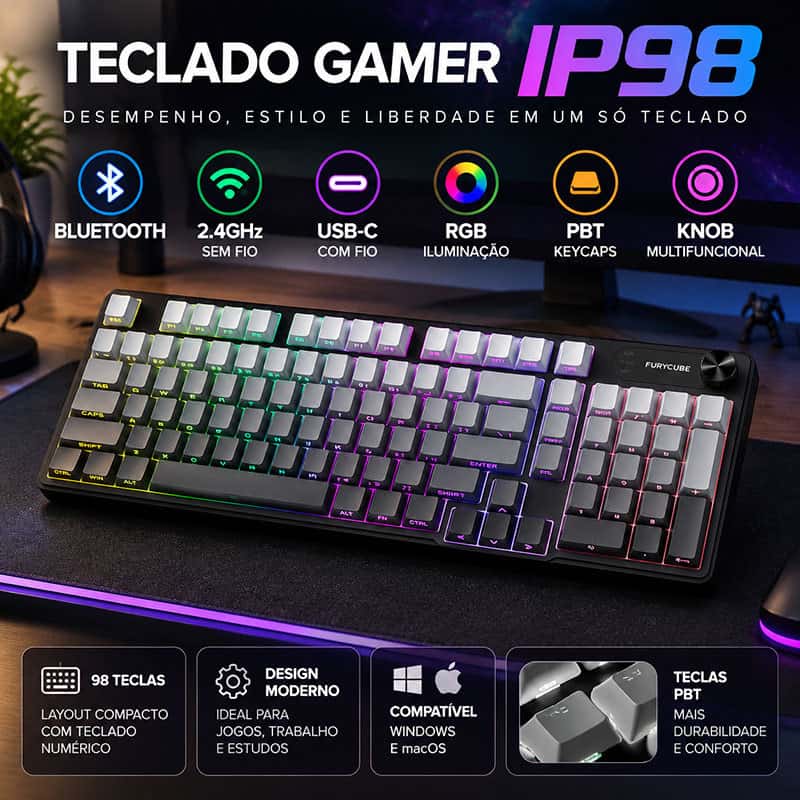 Teclado Gamer IP98 Com Sensação Mecânica Design Elegante E Atraente 3 Modos: Bluetooth + 2.4GHz + USB-C, imagem 1 de 1