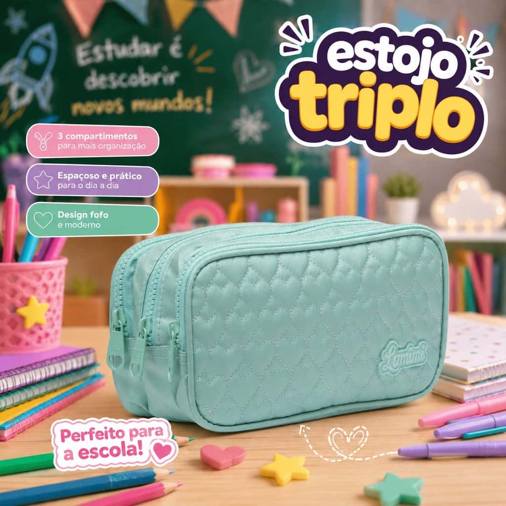 Estojo Escolar Infantil Lamimi Corações Triplo Compartimento Resistente Verde  azul rosa roxo, imagem 1 de 1