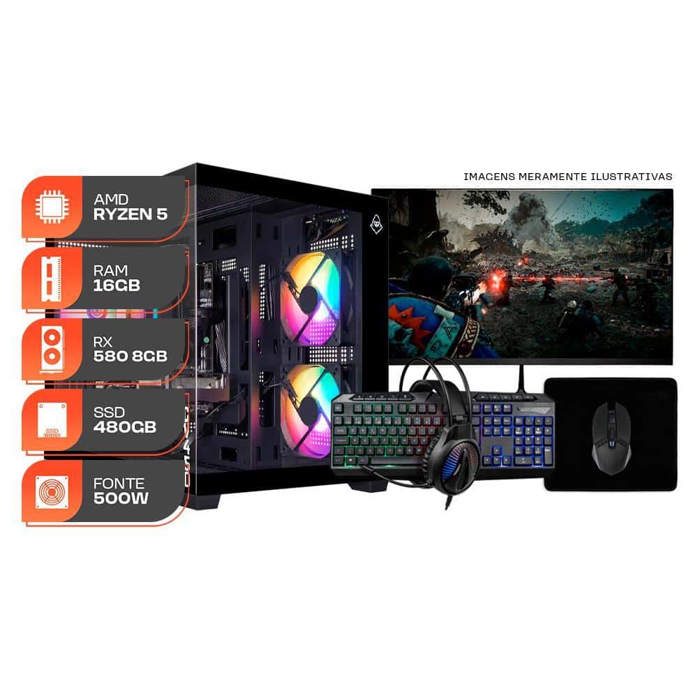 PC Gamer Forge, AMD Ryzen 5 5500, RX 580 8GB, 16GB DDR4, SSD 480GB, Completo com Monitor 144Hz e Periféricos, imagem 1 de 1