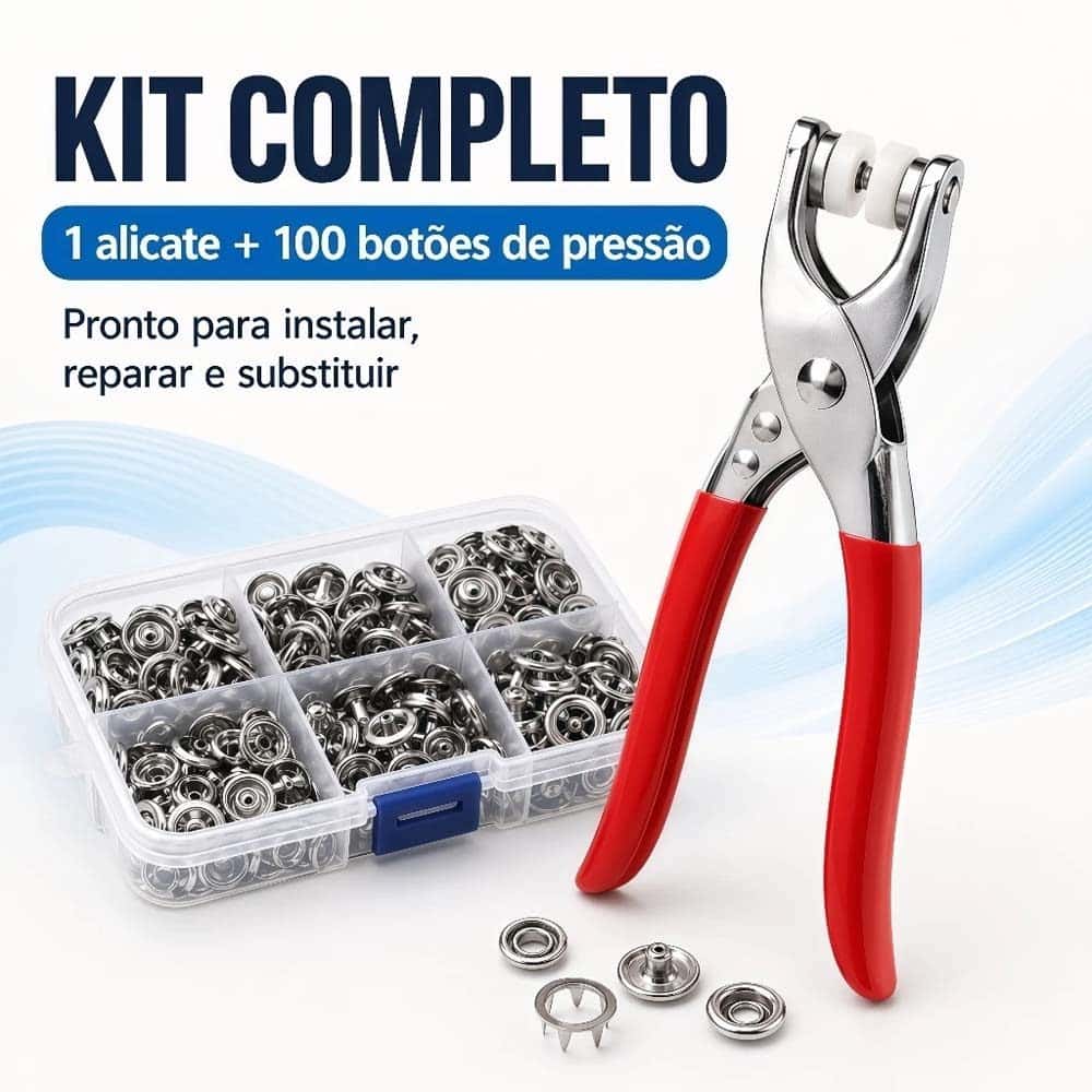 Kit Alicate Aplicador de Botões + 100 Botões de Pressão Metal Inoxidável para Roupas e Artesanato, imagem 1 de 1