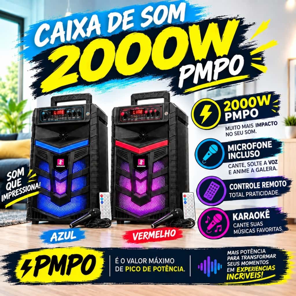 CAIXA DE SOM 2000W COM MICROFONE E CONTROLE REMOTO - FUNÇÕES KARAOKE E BLUETOOTH, imagem 1 de 1