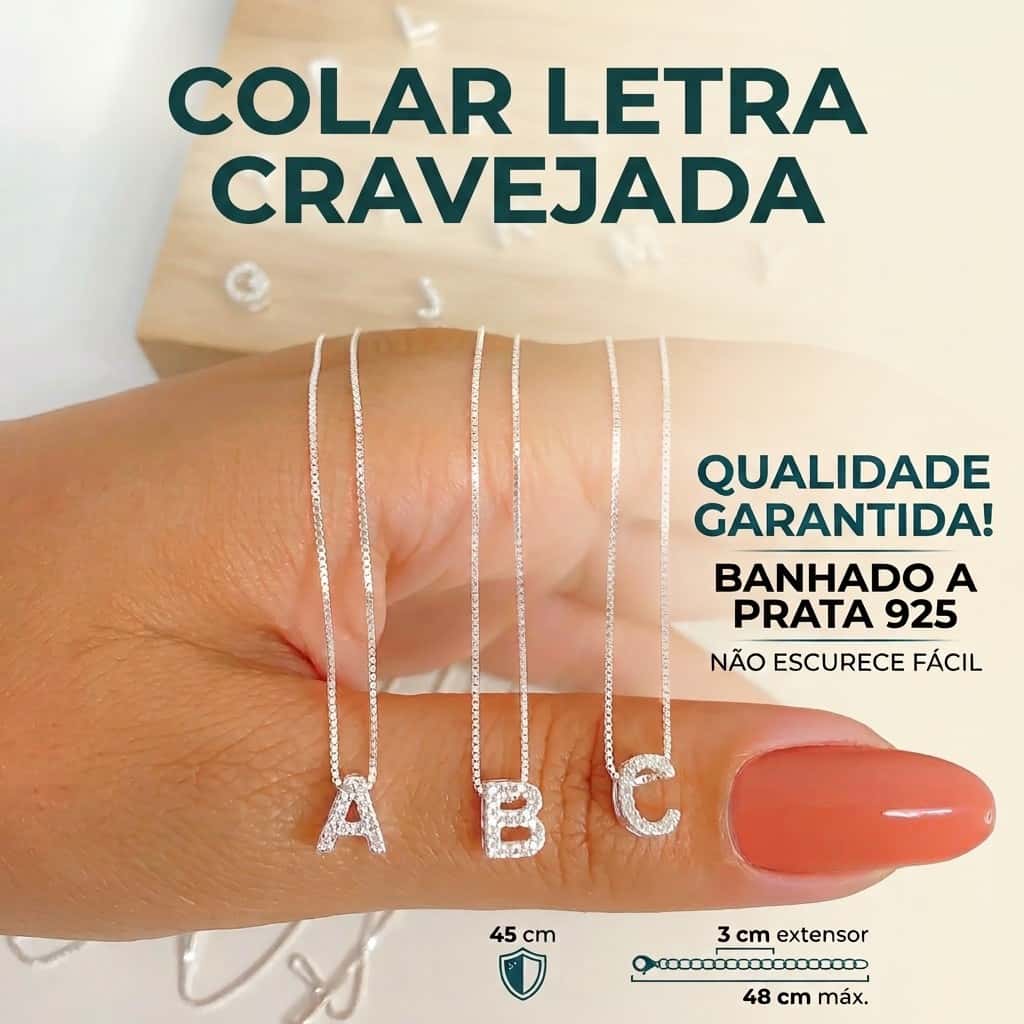 Colar Letra Inicial Cravejada Banhado à Prata 925 Feminino, imagem 1 de 1