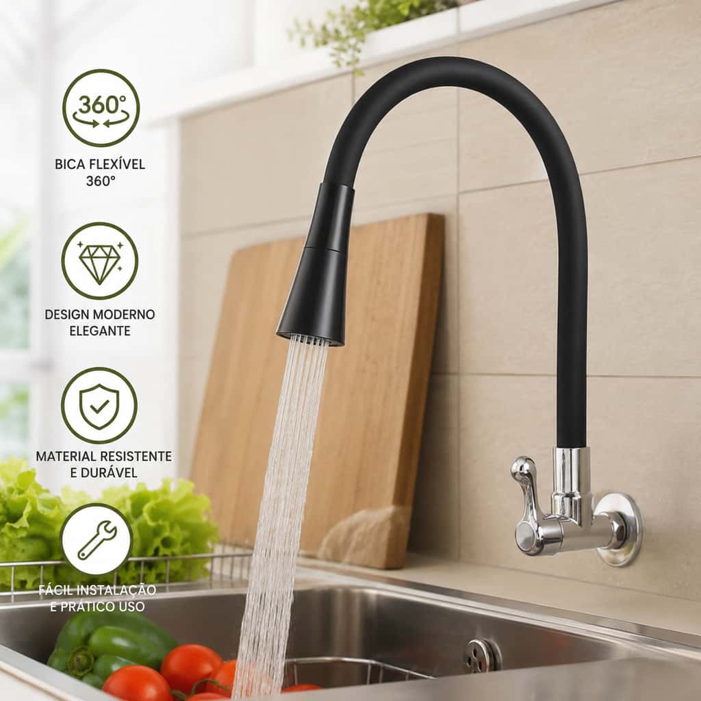 Torneira cozinha parede preta flexível Duplo Jato Cone 1/4 de Volta - Rotação 360°, Instalação na Parede, imagem 1 de 1