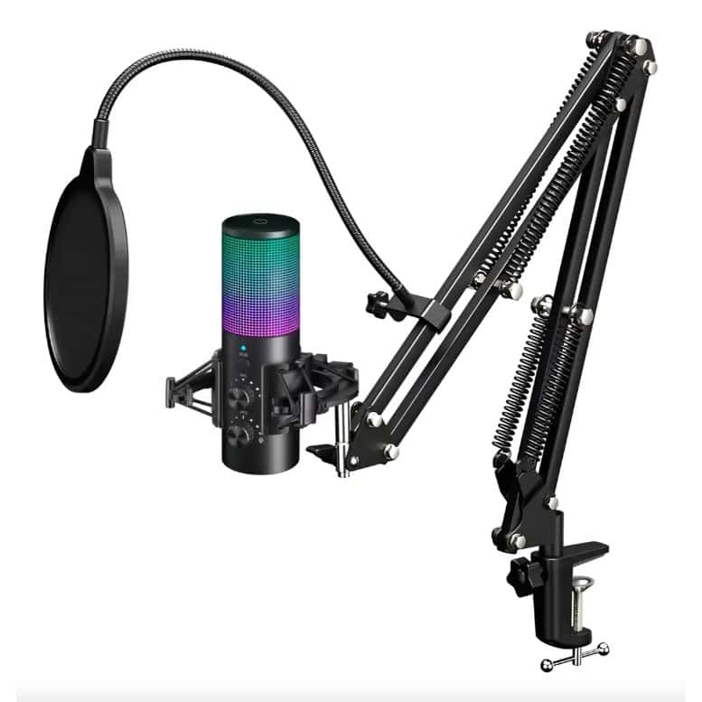 Conjunto de Microfones Condensador USB Profissional com Suporte de Mesa Iluminação RGB, imagem 1 de 1