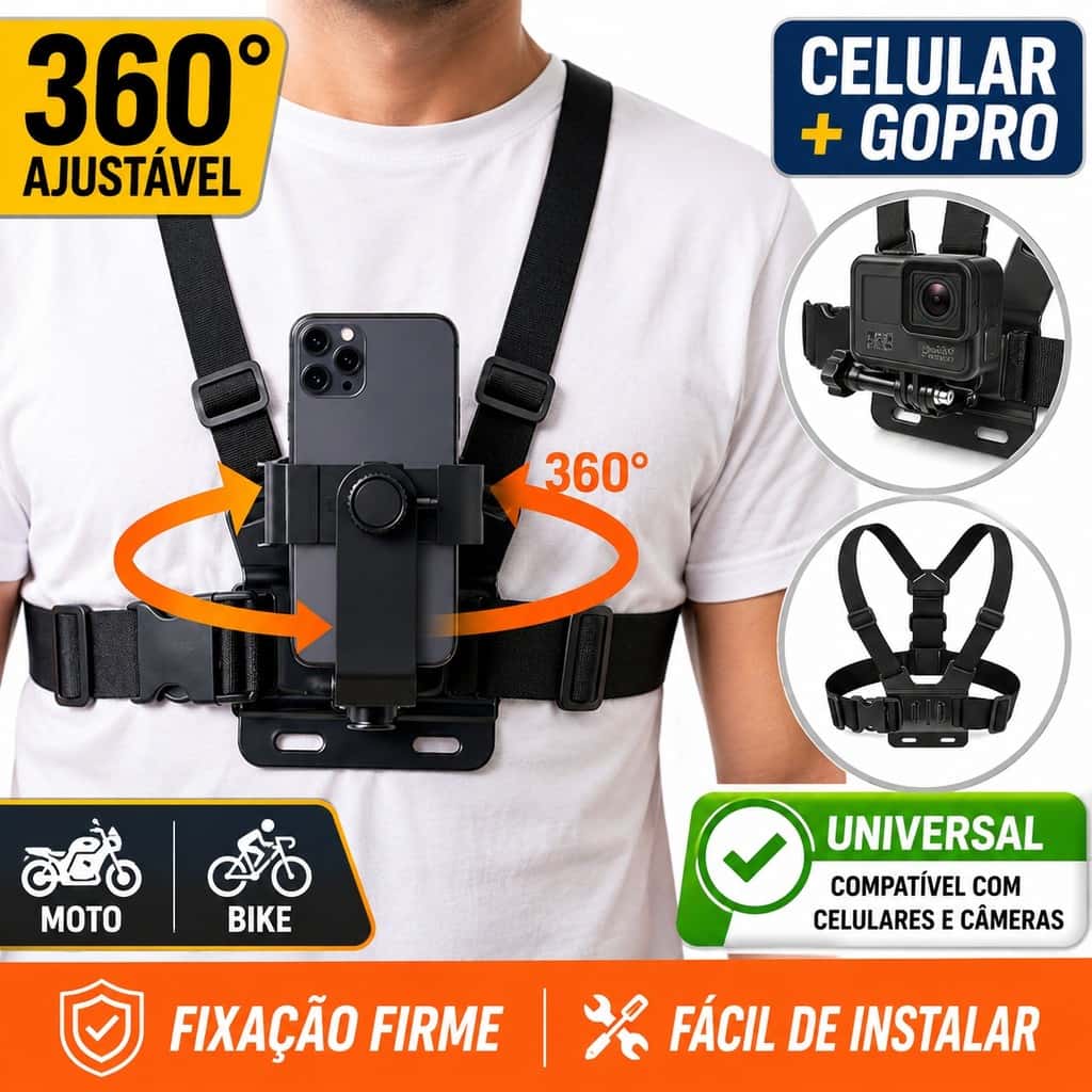 Suporte Peitoral Ajustável Para Celular GoPro Moto Bicicleta Motoboy Câmera de Ação Universal POV suporte em forma de L, imagem 1 de 1