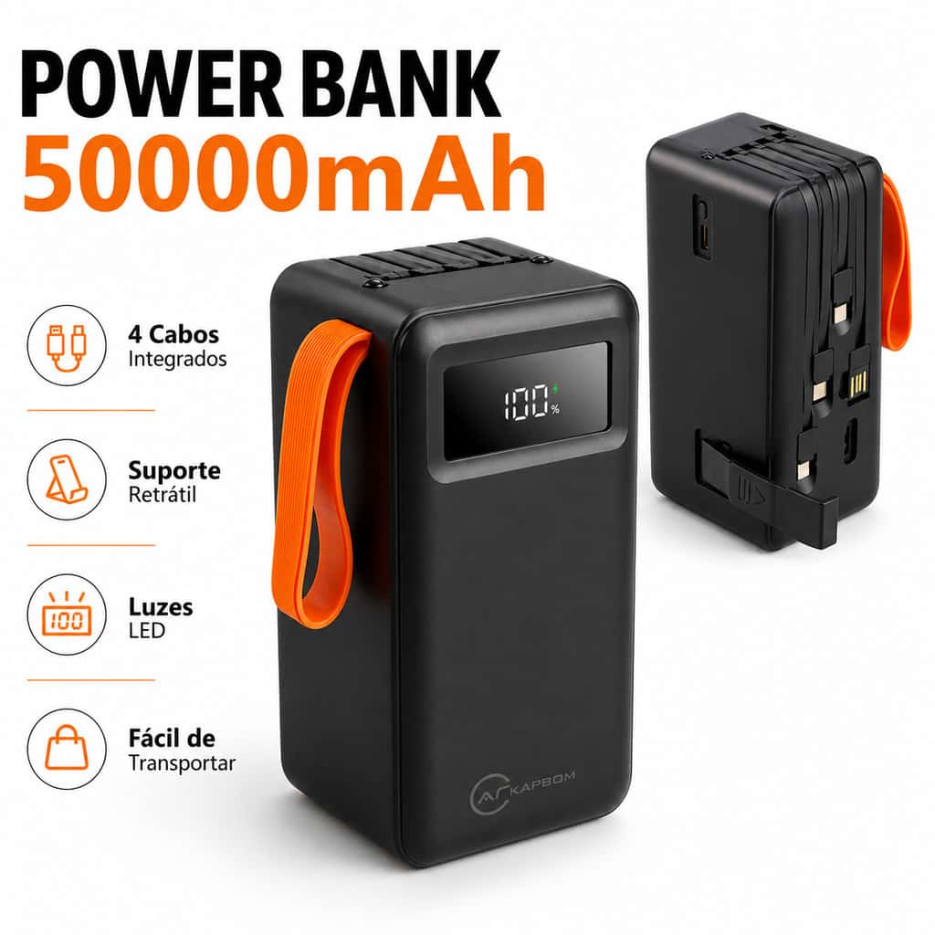 Power Bank 50000mAh Turbo 22.5W PD com Cabos Integrados 4 em 1 e Lanterna LED – Carregamento Rápido, imagem 1 de 1
