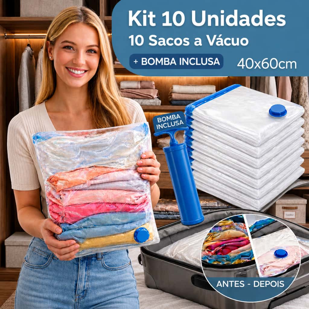 Kit 10 Sacos A Vácuo Médio Com Bomba Organizador Edredom Mala Roupa De Cama Tamanho Médio 40x60, imagem 1 de 1