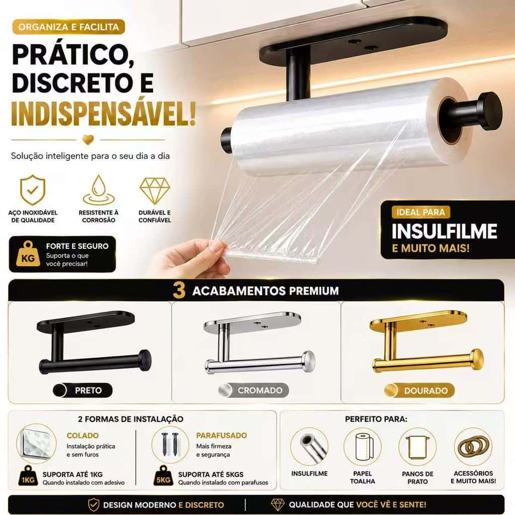 Suporte Organizador Para Cozinha Porta Papel Toalha Higiênico Filme Plástico Pano Elásticos Multiuso ES, imagem 1 de 1
