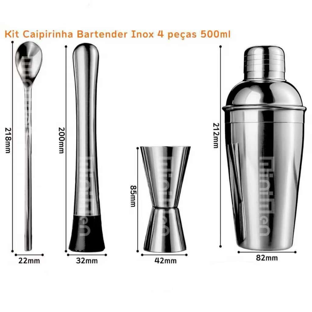 Kit Bartender Completo Coqueteleira Inox 500ml 4 Pçs Para Drinks E Caipirinha Premium, imagem 1 de 1
