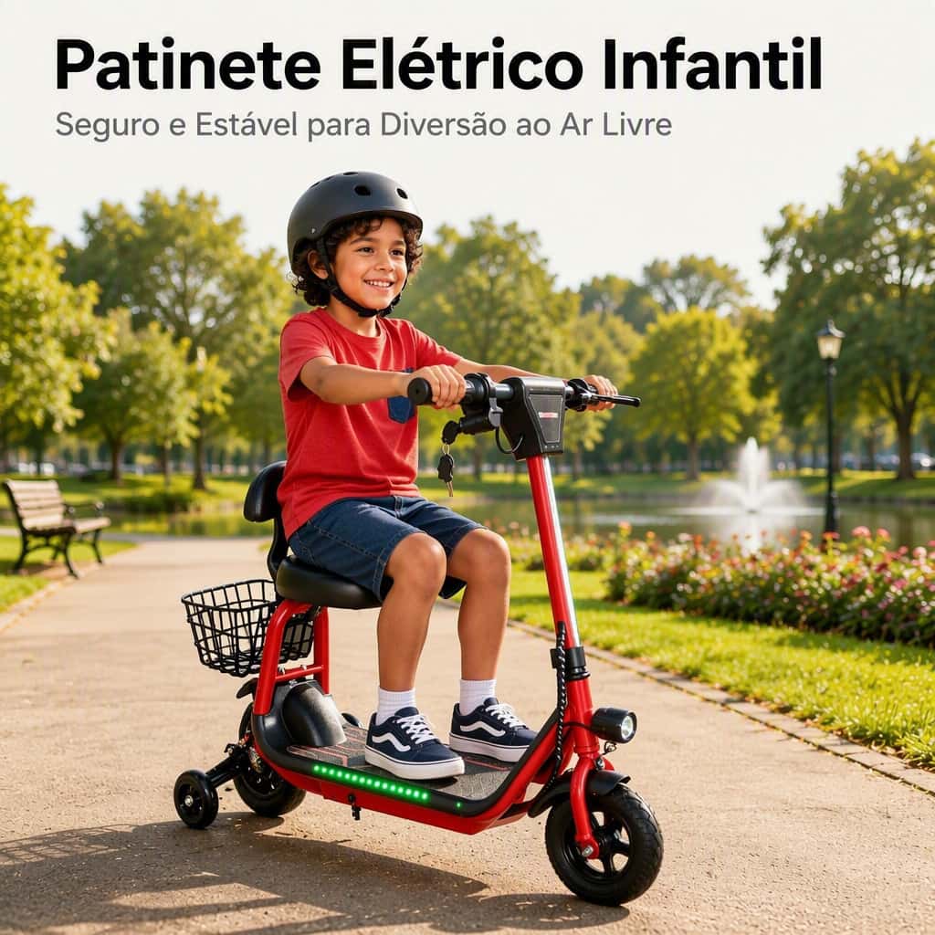 Patinete Elétrico Infantil Resistente 80kg com Banco Bagageiro e Luzes LED, imagem 1 de 1