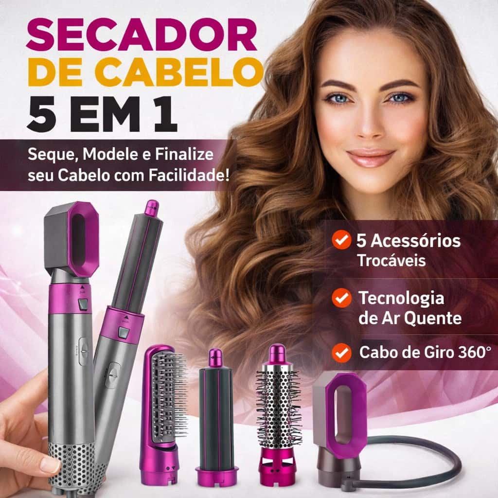 Escova 5 em 1 Secador, Pente, Modelador, Aumenta volume Profissional 110V E 220V, imagem 1 de 1