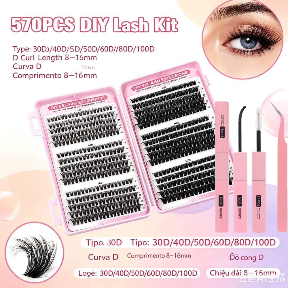 Kit De Extensão De Aglomerados De Cílios Individuais De 570 Peças DIY Com Vedação De Ligação E Aplicador Para Uso Domést, imagem 1 de 1