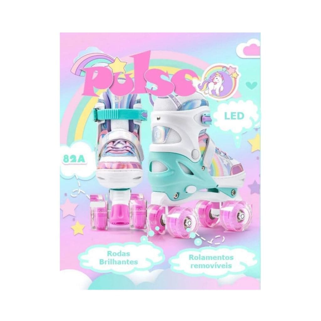 Patins ROLLER INFANTIL arco-íris de 4 rodas com luzes LED e piscantes, modelo PREMIUM