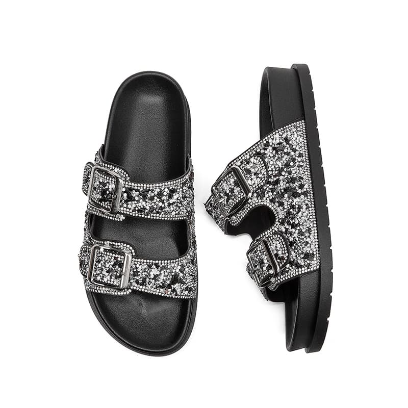 Sandália Birken Papete feminina Fivela ajustável de strass de luxo design MEIJILE