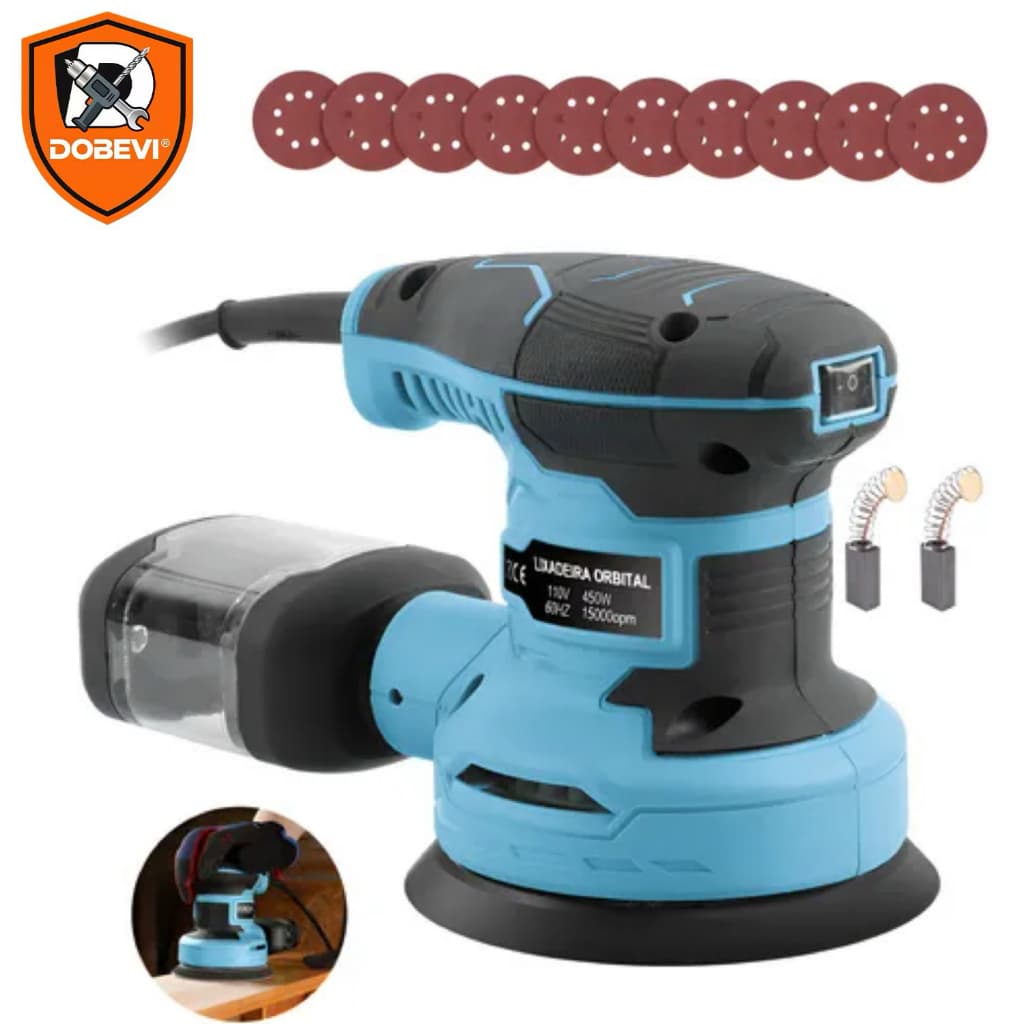 Lixadeira Redonda 450W & 15.000 RPM - 6 Velocidades Ajustáveis + Kit Multiuso com Coletor de Pó Industrial  DOBEVI