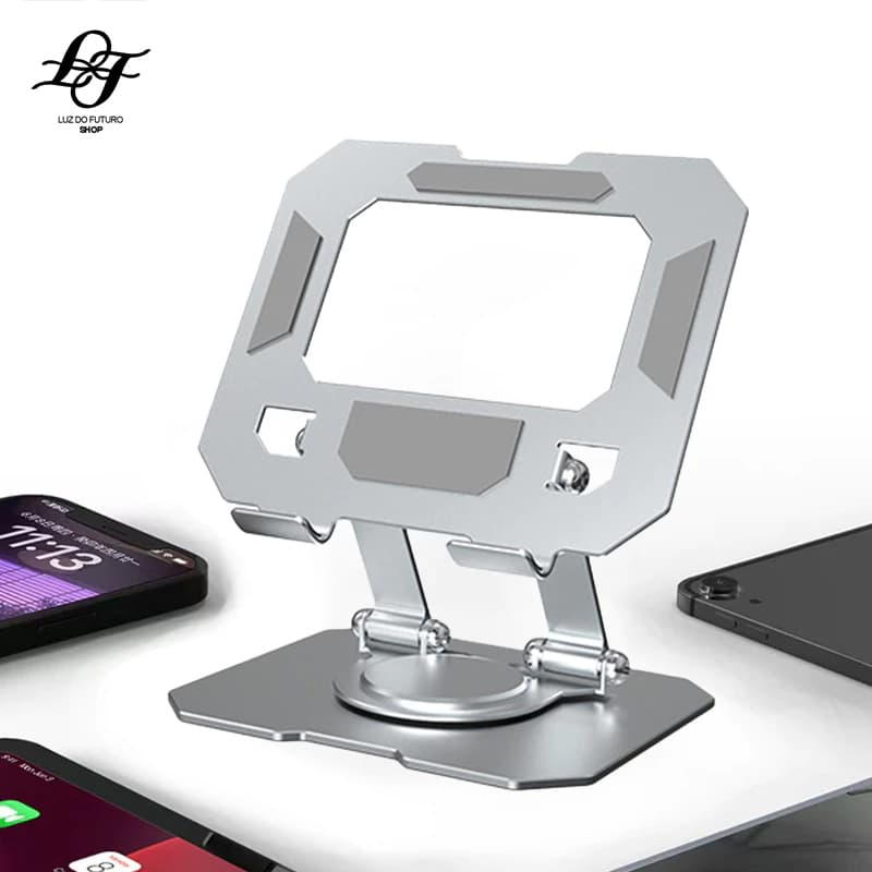 Suporte Tablet e Celular Metálico Rotativo de Liga de Alumínio Resistente Elegante e Totalmente Ajustável