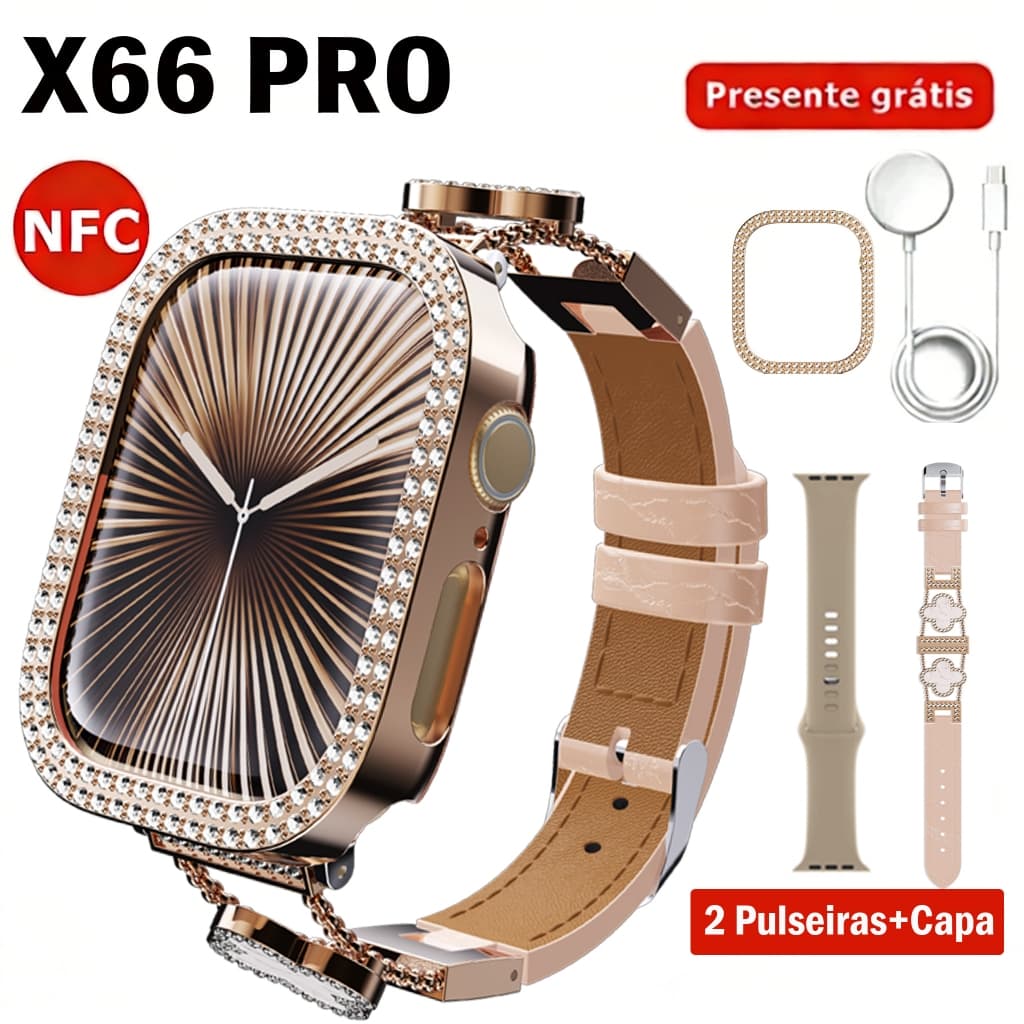 Relógio Smartwatch X66 Pro Series 11 Amoled Whatsapp Chat GPT Gps Nfc Relógio Inteligente feminino 3 pulseiras