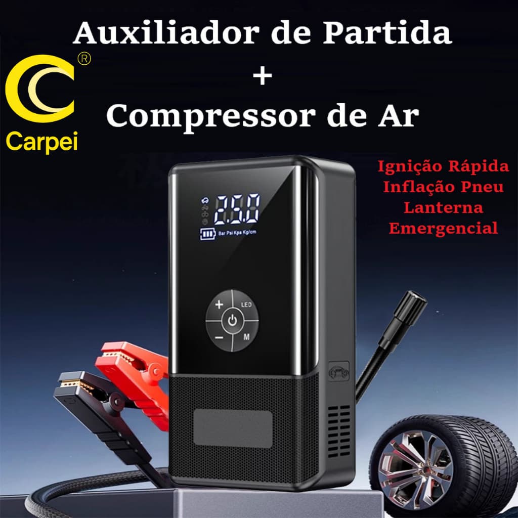 4 em 1 - Auxiliador Partida Compressor de Ar PowerBank Portátil Multifuncional Carregamento 12V