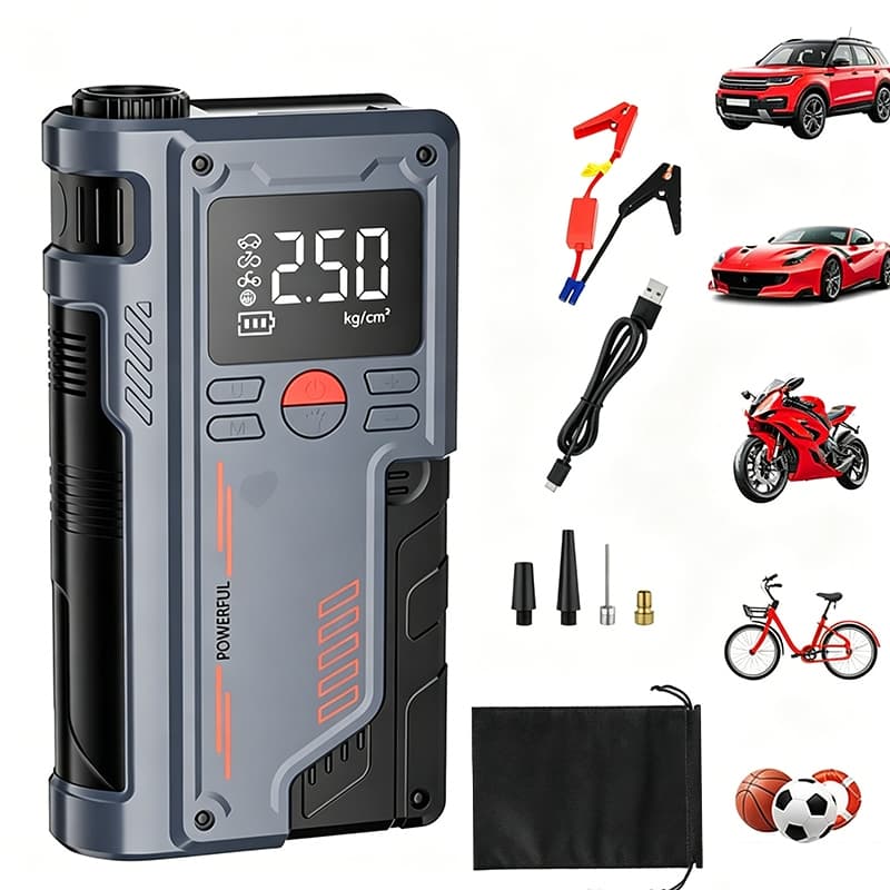 Jump Starter 12000mAh com Compressor de Ar Elétrico - Dispositivo de Emergência Portátil  com Display LCD e LED Torch