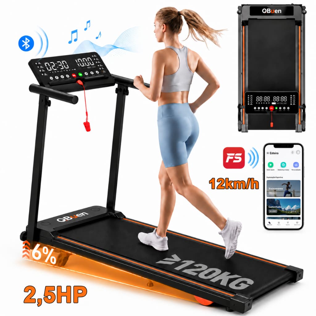 Esteira Elétrica Ergométrica QBuen 2,5HP Inteligente Led-tela Bluetooth Inclinação 6°- Velocidade 1-12km/h 127-220V