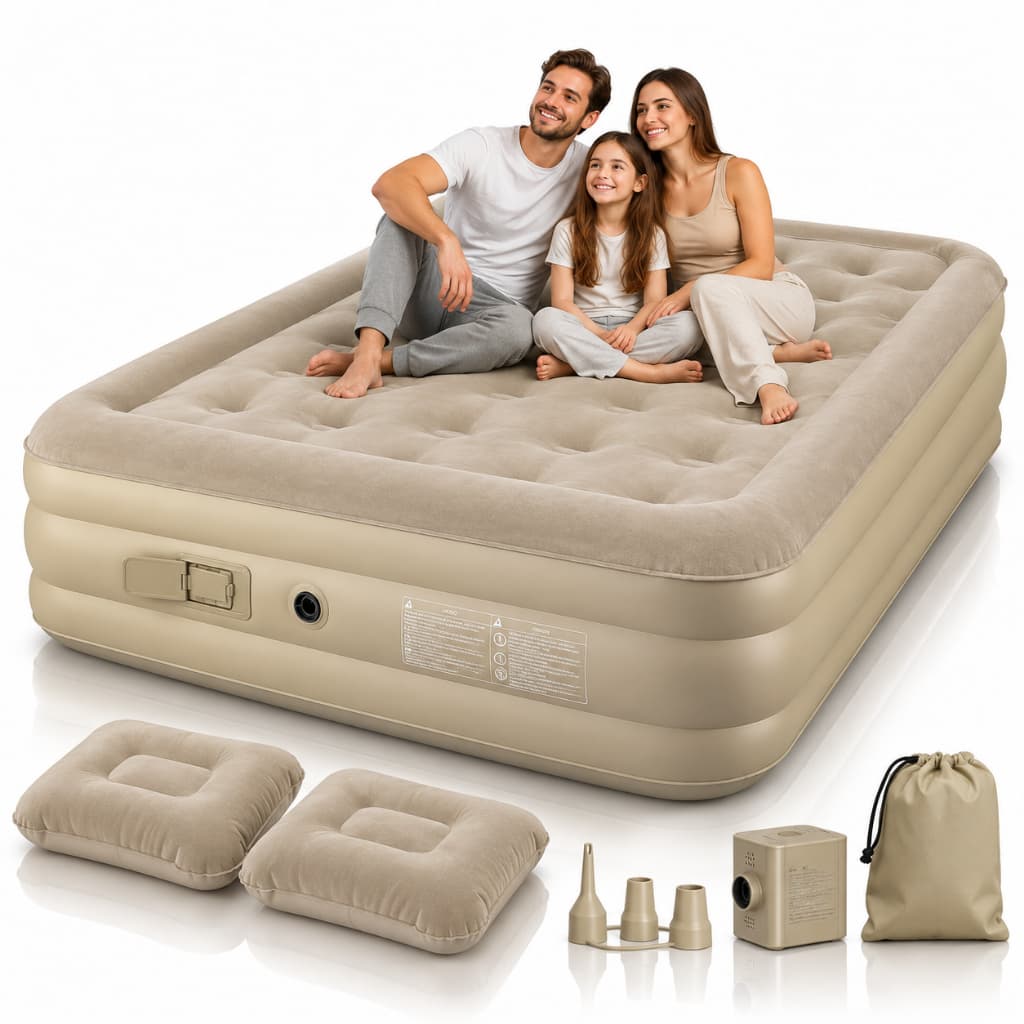 Cama Colchao Inflavel Casal Queen ou Solteiro Confortavel Acampamento Dobravel Cor Bege