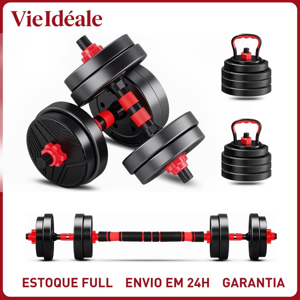 Kit 6 Em 1 Musculação 15kg Halteres Anilhas Barras Kettlebell Ajustáveis Academia Treino em Casa
