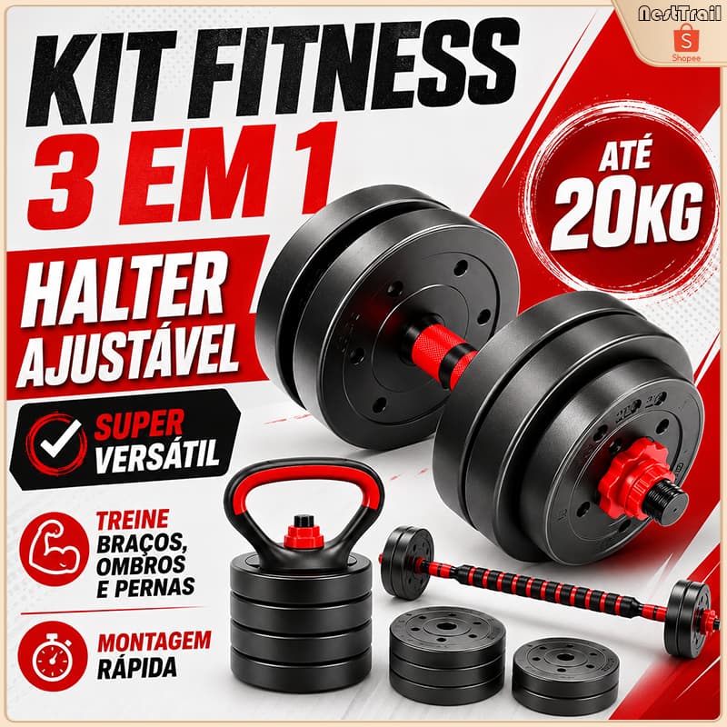 Kit Halteres Ajustáveis 15kg Musculação 6 em 1 Barra Kettlebell Anilhas Academia em Casa Treino