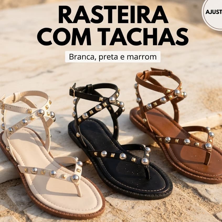 Sandália Rasteira Feminina Gladiadora Tachas Douradas e Prateadas Tira no Tornozelo Fivela Ajustável