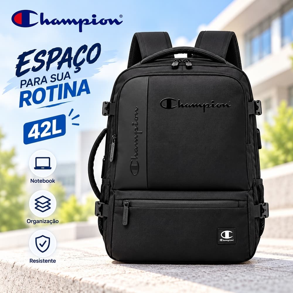 Champion Mochila Executiva 42L Preta com Bolso Antifurto e USB Com Bolso Lateral e Alças