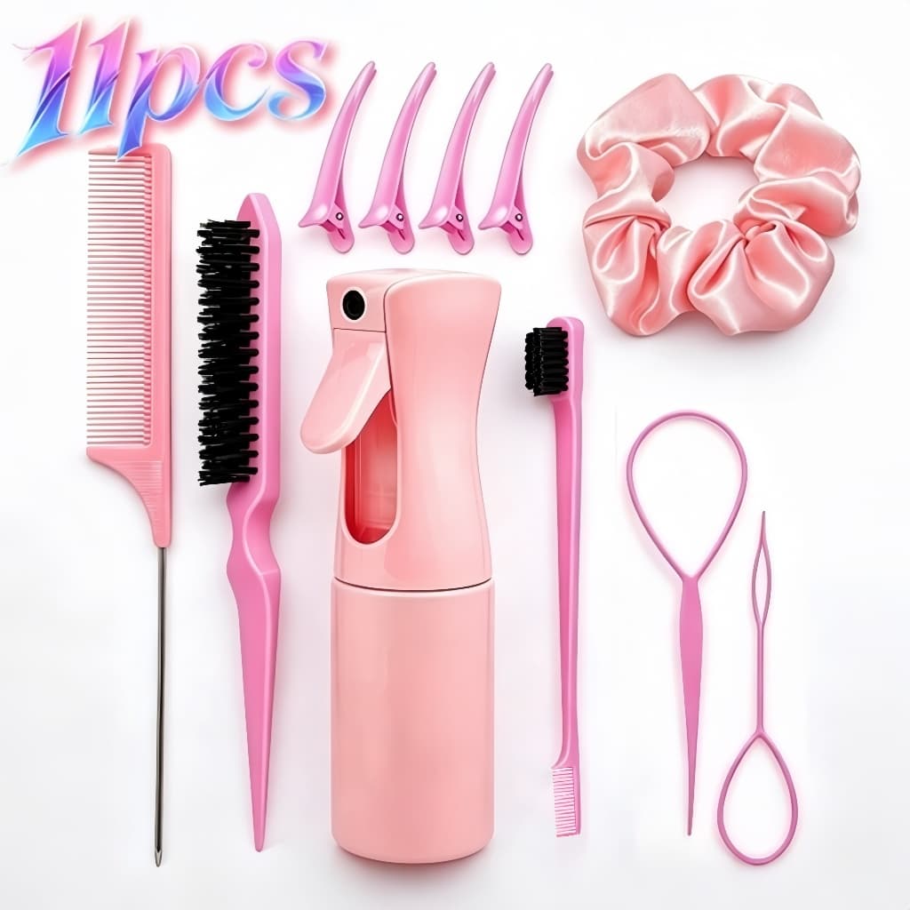 Kit Ferramentas de Cabelo | Opções 3/5/10/11 peças: pente, borrifador, ferramenta trança, clipes e scrunchies