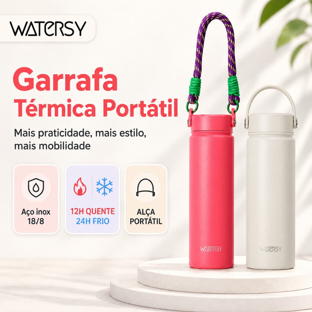 Watersy Garrafa Térmica Portátil 532ml Aço Inox Sem BPA Presente para Viagem Trabalho