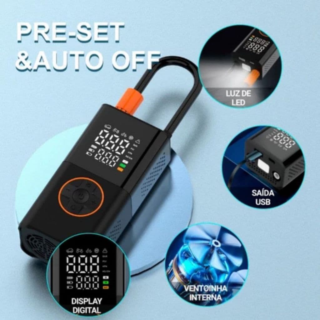 Compressor De Ar Digital Portátil Usb Recarregável 12v