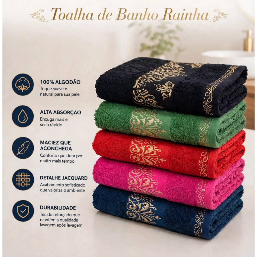 Toalha de Banho Rainha Premium 75x150 cm • 100% Algodão • Jacquard • Toque Macio • Alta Absorção